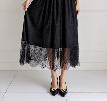 Elegant Feminin 3/4 Sleeve Dress with Belt / Korean Style Blouse and Lace Skirt for One-piece Dress / Modern Chic Long Dress