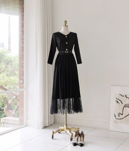 Elegant Feminin 3/4 Sleeve Dress with Belt / Korean Style Blouse and Lace Skirt for One-piece Dress / Modern Chic Long Dress