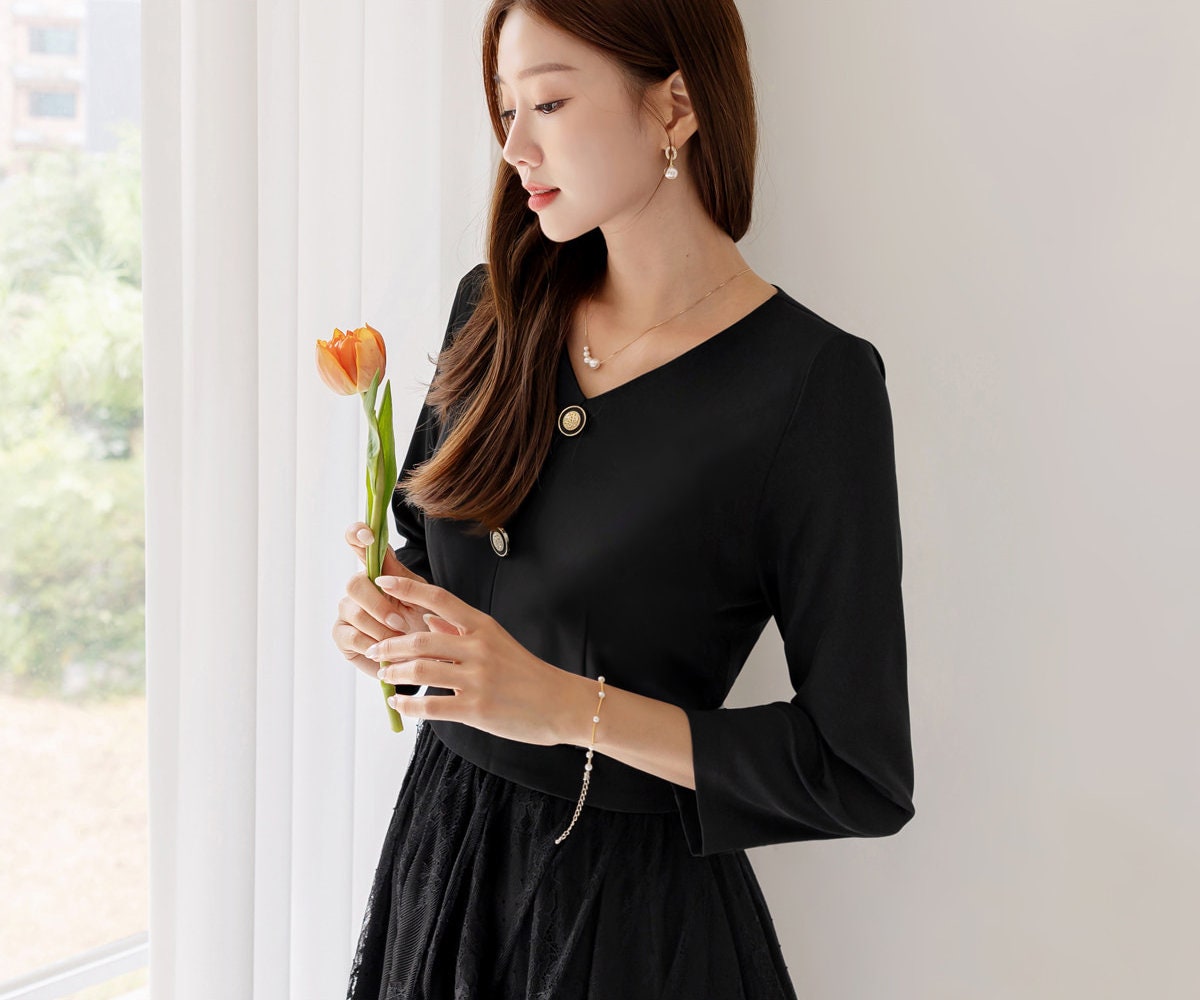 Elegant Feminin 3/4 Sleeve Dress with Belt / Korean Style Blouse and Lace Skirt for One-piece Dress / Modern Chic Long Dress