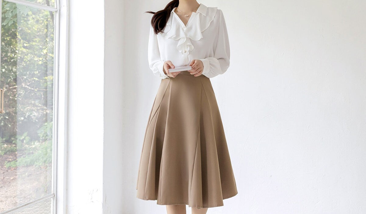 Elegant Feminin Flare Skirt / Korean Style Party Dress Skirt / Spring Fall Daily Dressy Midi Skirt / Clasic Simple Flare Skirt