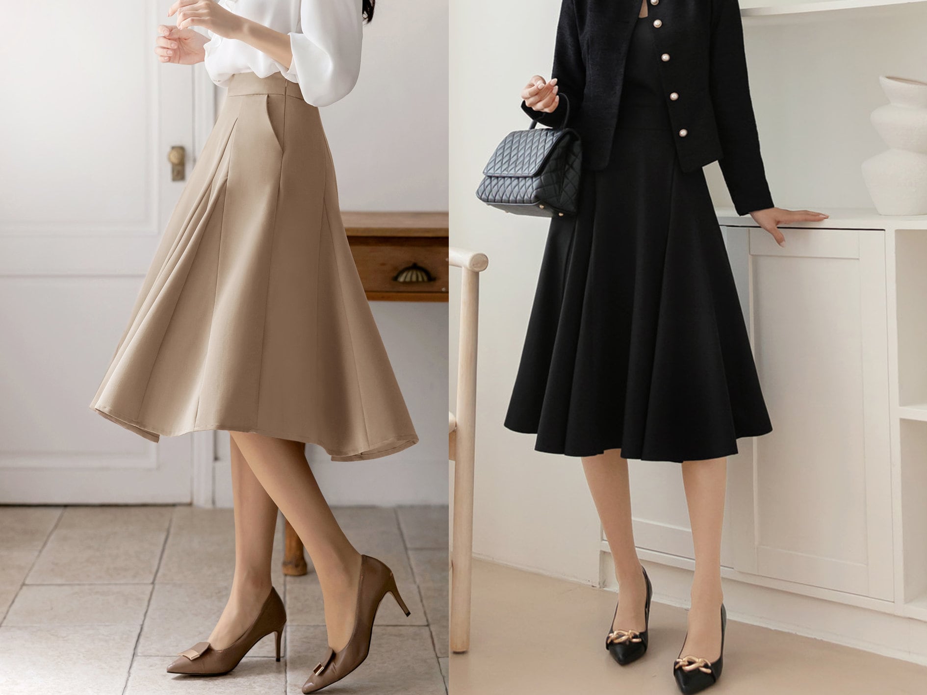 Elegant Feminin Flare Skirt / Korean Style Party Dress Skirt / Spring Fall Daily Dressy Midi Skirt / Clasic Simple Flare Skirt