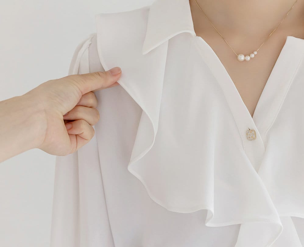 Long Sleeve Frill V-neck Blouse / Korean Style Luxury Feminine Women Clothes / Stylish Office Look Top / Everyday Soft Blouse