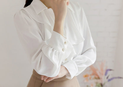 Long Sleeve Frill V-neck Blouse / Korean Style Luxury Feminine Women Clothes / Stylish Office Look Top / Everyday Soft Blouse