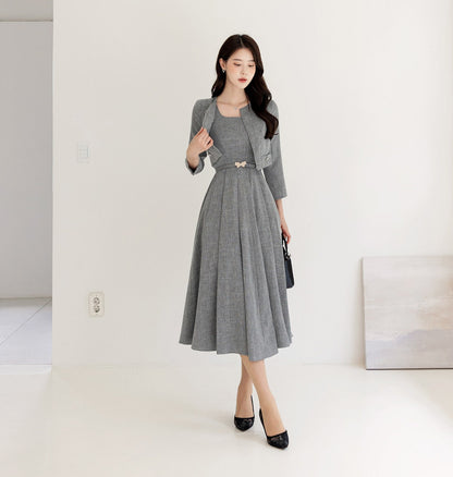 Jacket Layered Design Pleated Flare Dress with Belt / Korean Style Women Midi Dress / Elegant Feminin Dress / Classic Style Flare Midi Dress