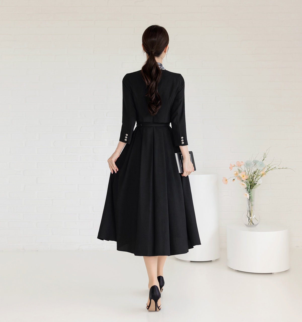 Jacket Layered Design Pleated Flare Dress with Belt / Korean Style Women Midi Dress / Elegant Feminin Dress / Classic Style Flare Midi Dress