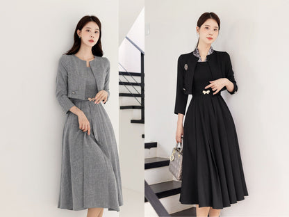 Jacket Layered Design Pleated Flare Dress with Belt / Korean Style Women Midi Dress / Elegant Feminin Dress / Classic Style Flare Midi Dress