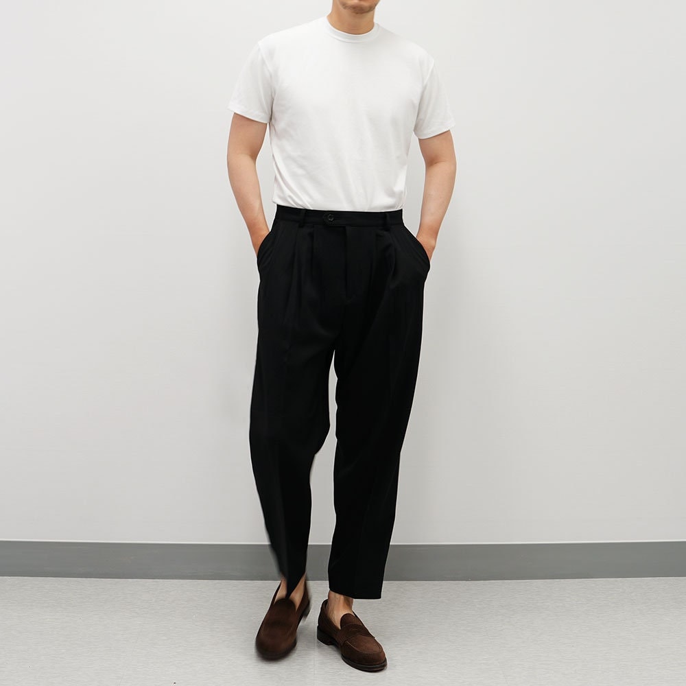 Basic Overfit Men's Suit Pants in Black Color / Dress Pleat Semi-Balloon Fit Tailored Trousers