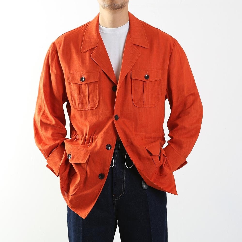 Men's Basic Spring Summer Linen Safari Jacket / Orange Color Summer Coat for Men / Short Coat Jacket