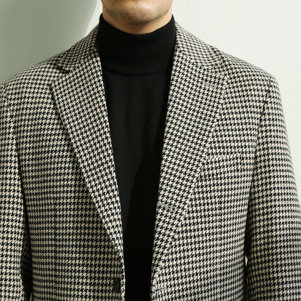 Classic Men's Wool Blend Single Sports Jacket / 3roll 2button Tailored Blazer Single Breasted Houndstooth Jacket