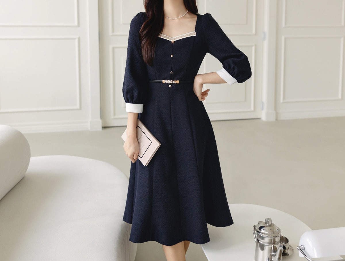 Elegant Feminine Sweetheart Neck Semi-Mermaid Tweed Dress / Korean Style Midi Dress / Luxury Wear Elegant Dress for Spring, Fall