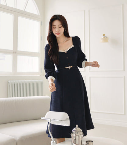 Elegant Feminine Sweetheart Neck Semi-Mermaid Tweed Dress / Korean Style Midi Dress / Luxury Wear Elegant Dress for Spring, Fall