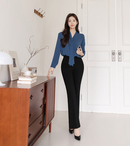 Modern Chic Long Sleeve Tie Neck Blouse / Korean Style Luxury Feminine Women Clothes / Stylish Office Look Top / Everyday Soft Blouse