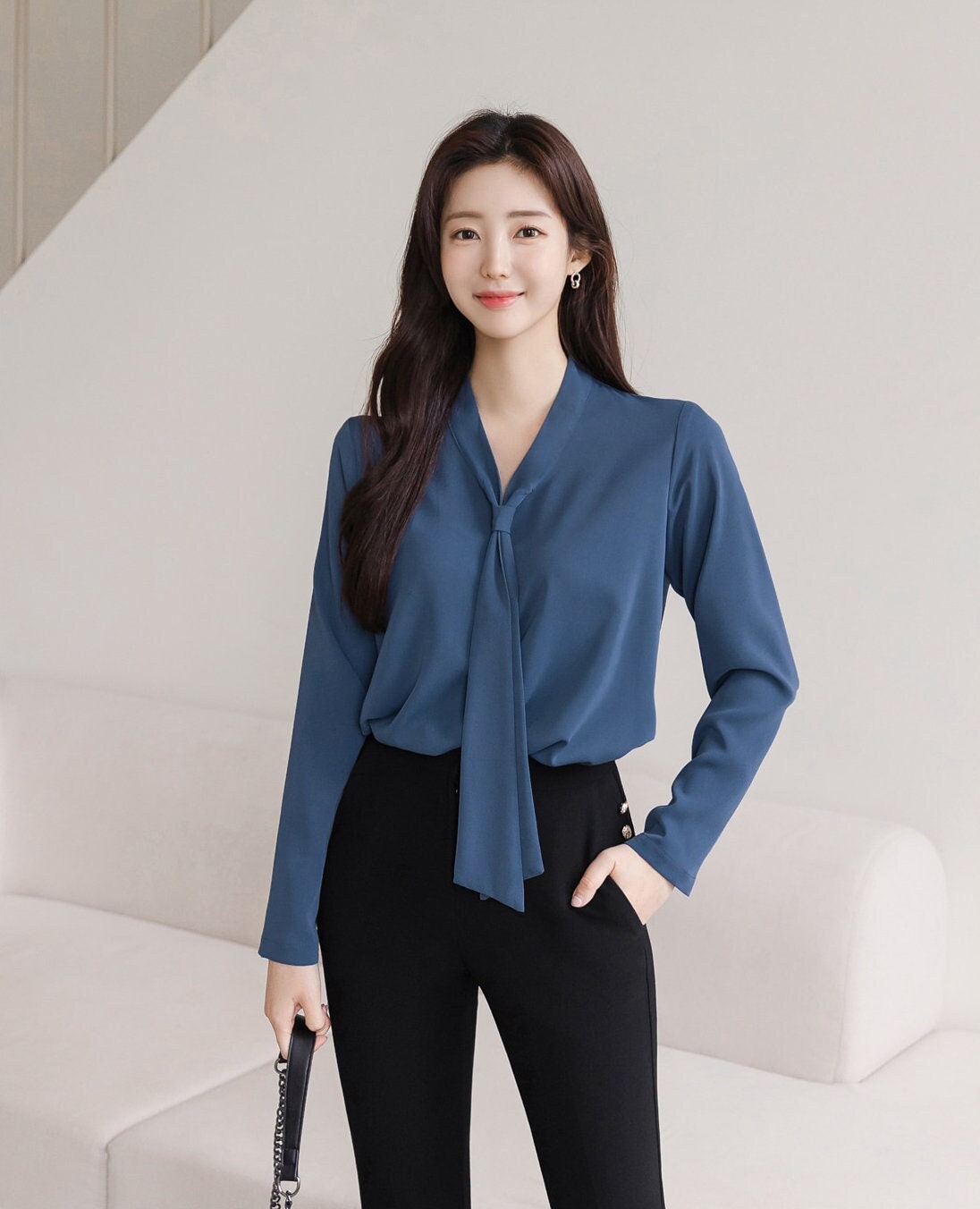 Modern Chic Long Sleeve Tie Neck Blouse / Korean Style Luxury Feminine Women Clothes / Stylish Office Look Top / Everyday Soft Blouse