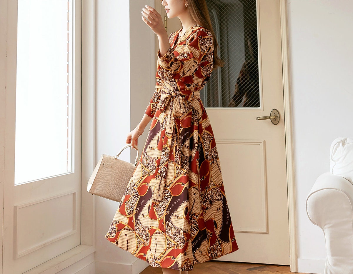 Glamorous Multi-Patterned Wrap Style Dress / Korean Style Women Midi Dress / Elegant Feminin Long Dress