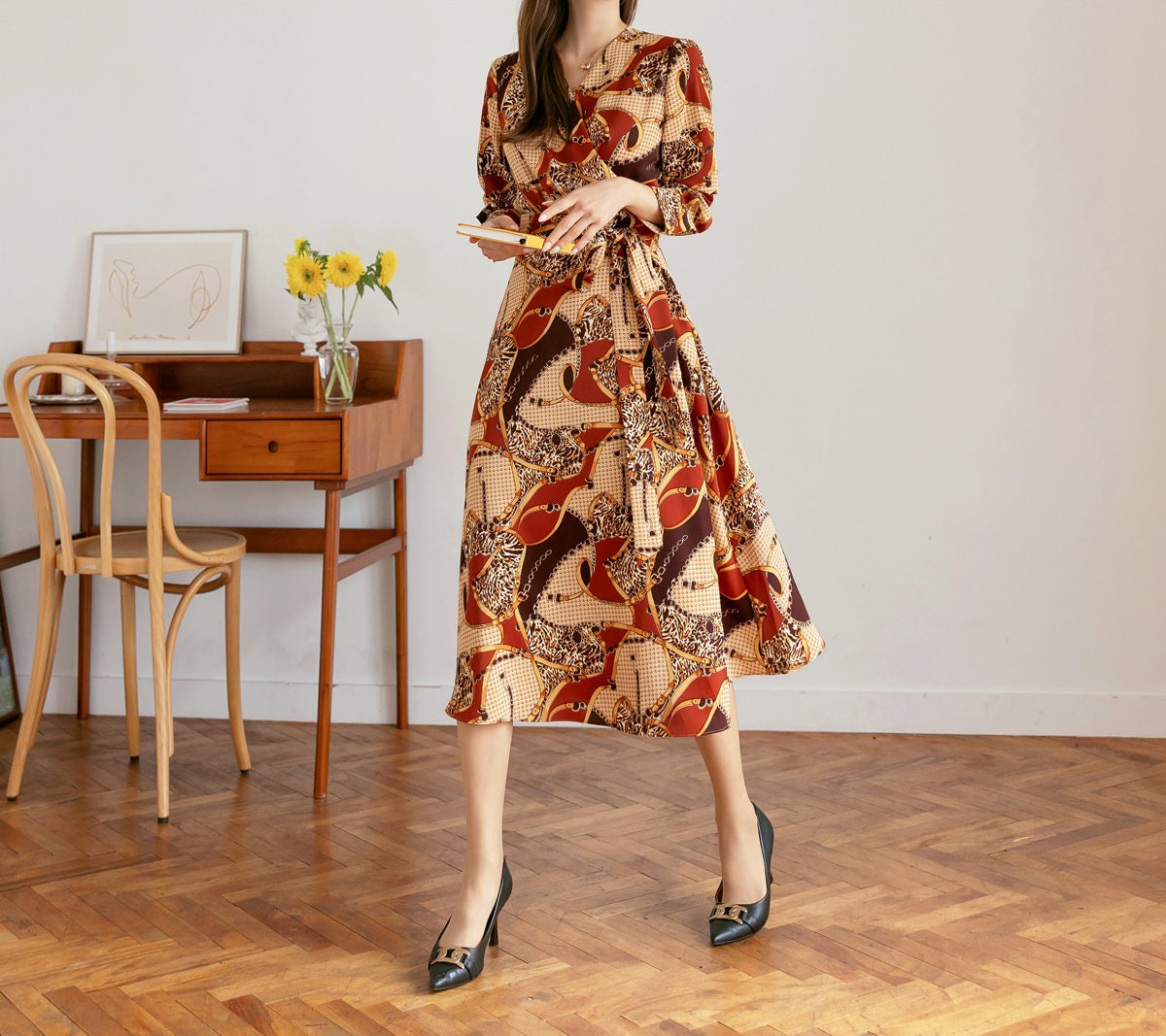 Glamorous Multi-Patterned Wrap Style Dress / Korean Style Women Midi Dress / Elegant Feminin Long Dress