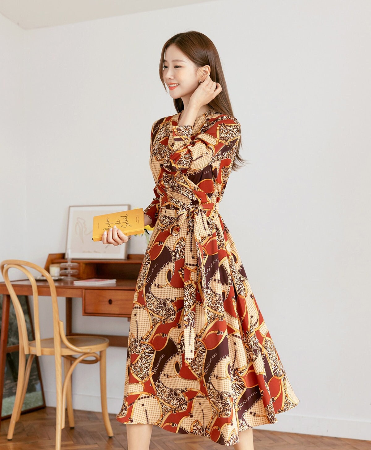 Glamorous Multi-Patterned Wrap Style Dress / Korean Style Women Midi Dress / Elegant Feminin Long Dress