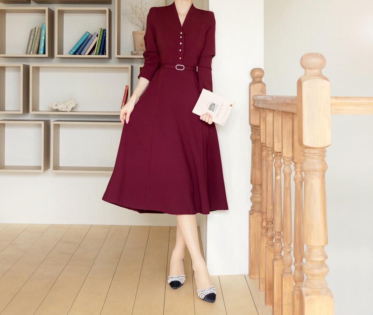 Classic Elegant V Neck Falre Dress with Belt / Korean Style Elegant Feminin Midi Dress / Long Sleeve Chic Luxury Dress