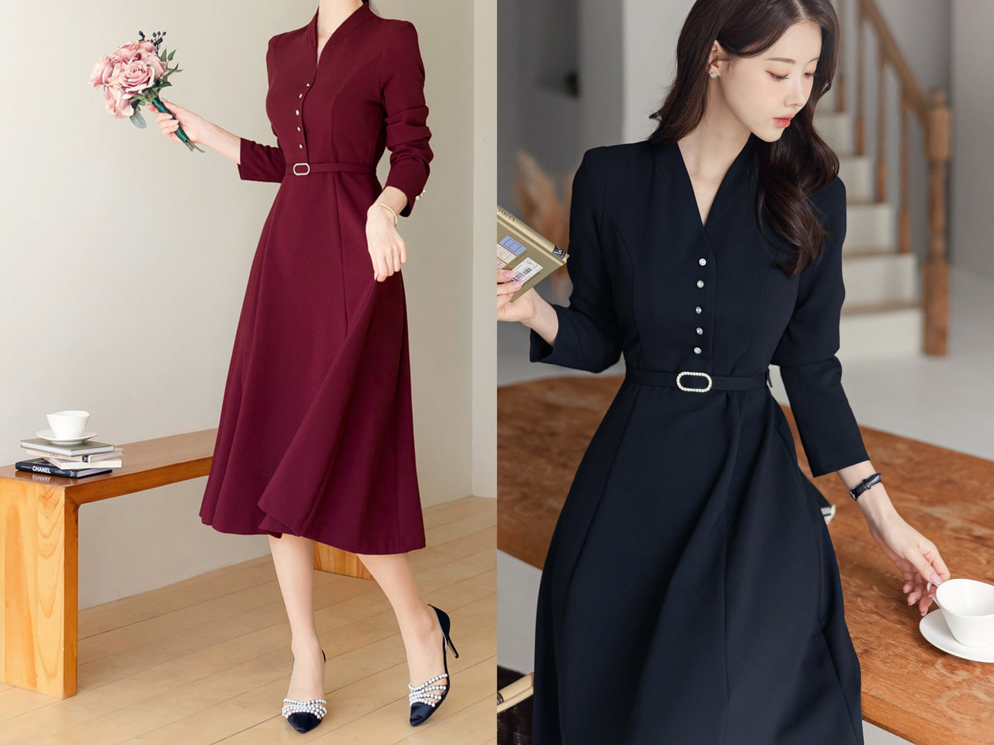 Classic Elegant V Neck Falre Dress with Belt / Korean Style Elegant Feminin Midi Dress / Long Sleeve Chic Luxury Dress