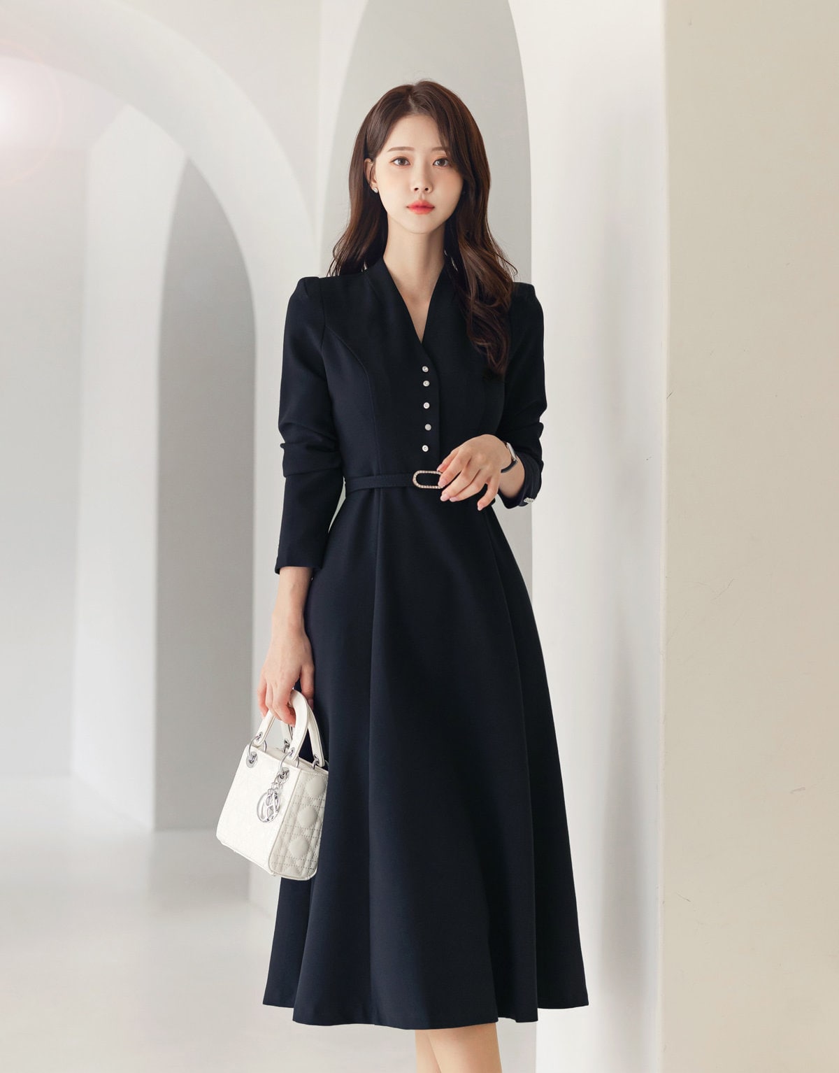 Classic Elegant V Neck Falre Dress with Belt / Korean Style Elegant Feminin Midi Dress / Long Sleeve Chic Luxury Dress