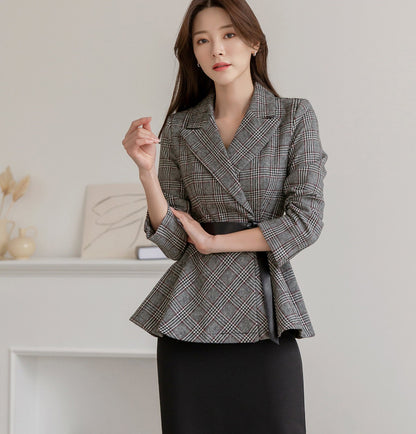 Elegant Feminin Check Pettern Peplum Style Jacket with Belt / Korean Style Spring Fall Long Sleeve Top Jacket / Daily Jacket for Women