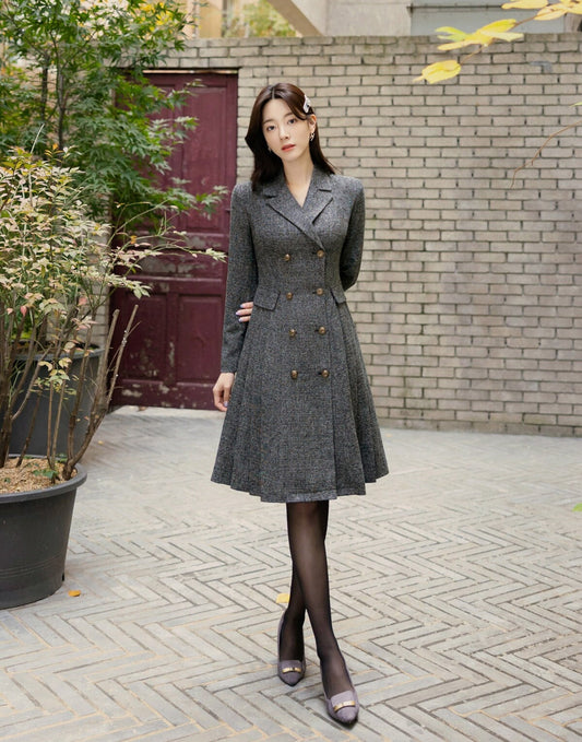 Elegant Feminin Notched Collar Mini Dress / Korean Style Double Breasted Blazer Dress / Modern Chic Midi Dress / Jacket Dress