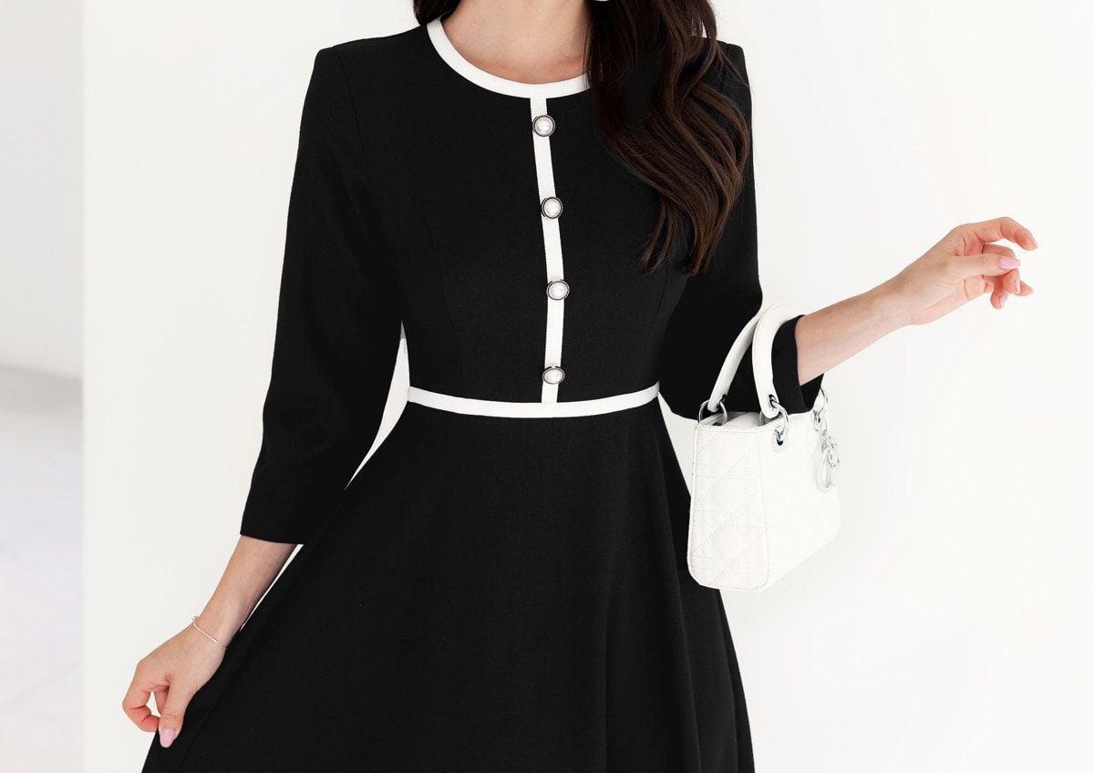 Elegant Feminine Black Flare Dress for Spring Fall / Korean Style Classic Midi Dress / Luxury wear Elegant Dress in Black