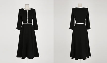 Elegant Feminine Black Flare Dress for Spring Fall / Korean Style Classic Midi Dress / Luxury wear Elegant Dress in Black