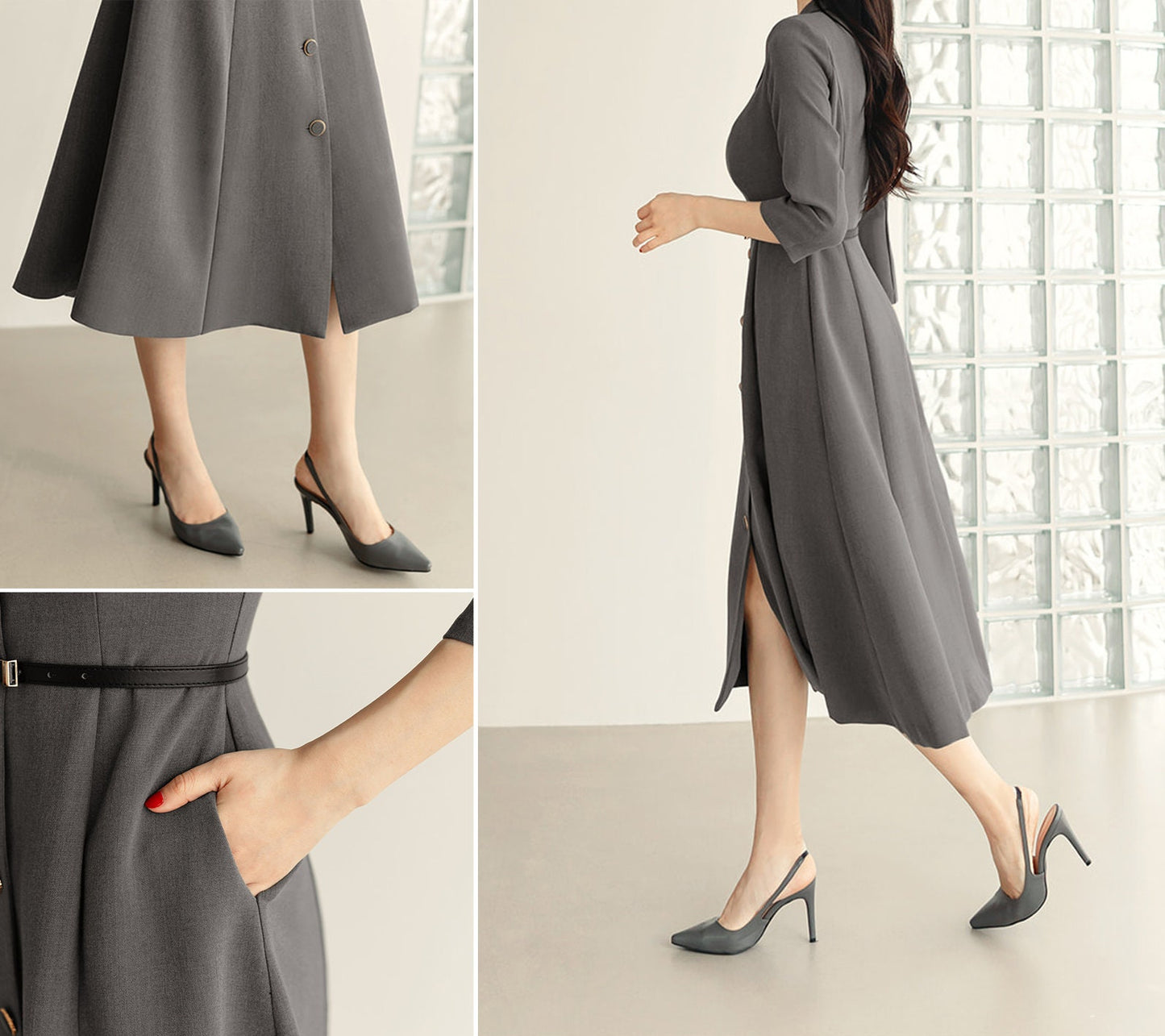 Elegant Feminin Single Button Long Dress with Belt / Korean Style Flare Dress / Modern Chic Midi Dress / Jacket Dress