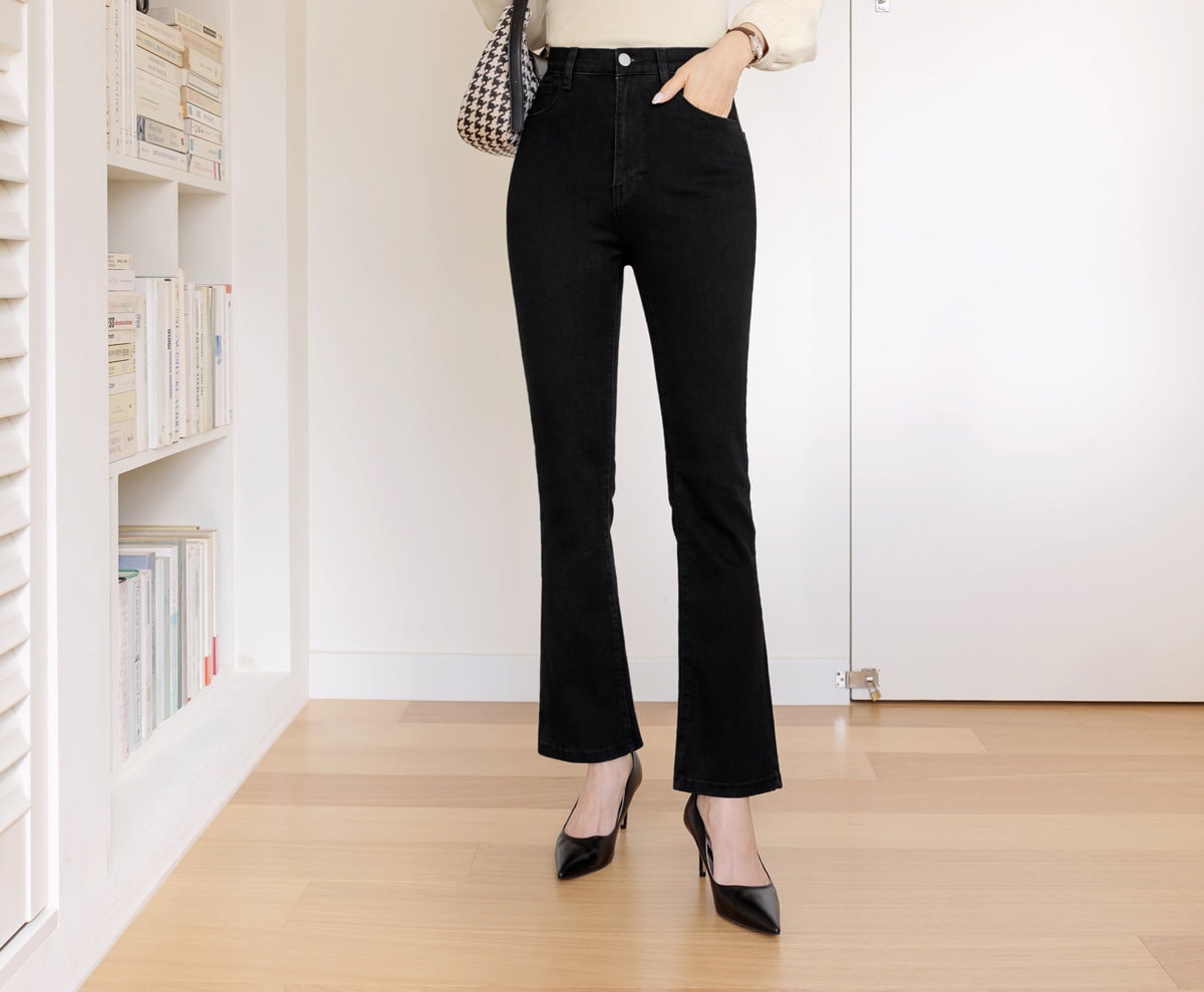 Basic Spandex High-Waisted Slim-Fit Bootcut Black Jeans Pants for Women / Korean Style Elastic Waistband Pants / Comfortable Casual Pants