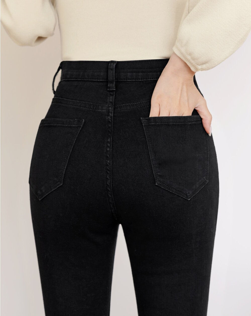 Basic Spandex High-Waisted Slim-Fit Bootcut Black Jeans Pants for Women / Korean Style Elastic Waistband Pants / Comfortable Casual Pants