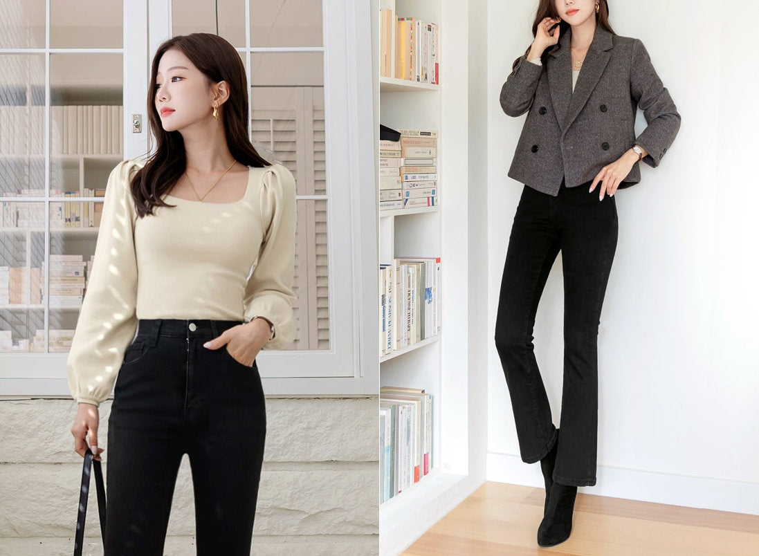 Basic Spandex High-Waisted Slim-Fit Bootcut Black Jeans Pants for Women / Korean Style Elastic Waistband Pants / Comfortable Casual Pants