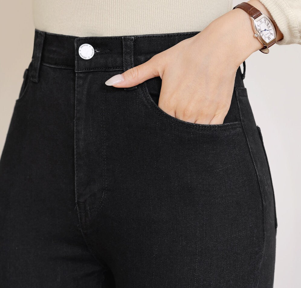 Basic Spandex High-Waisted Slim-Fit Bootcut Black Jeans Pants for Women / Korean Style Elastic Waistband Pants / Comfortable Casual Pants