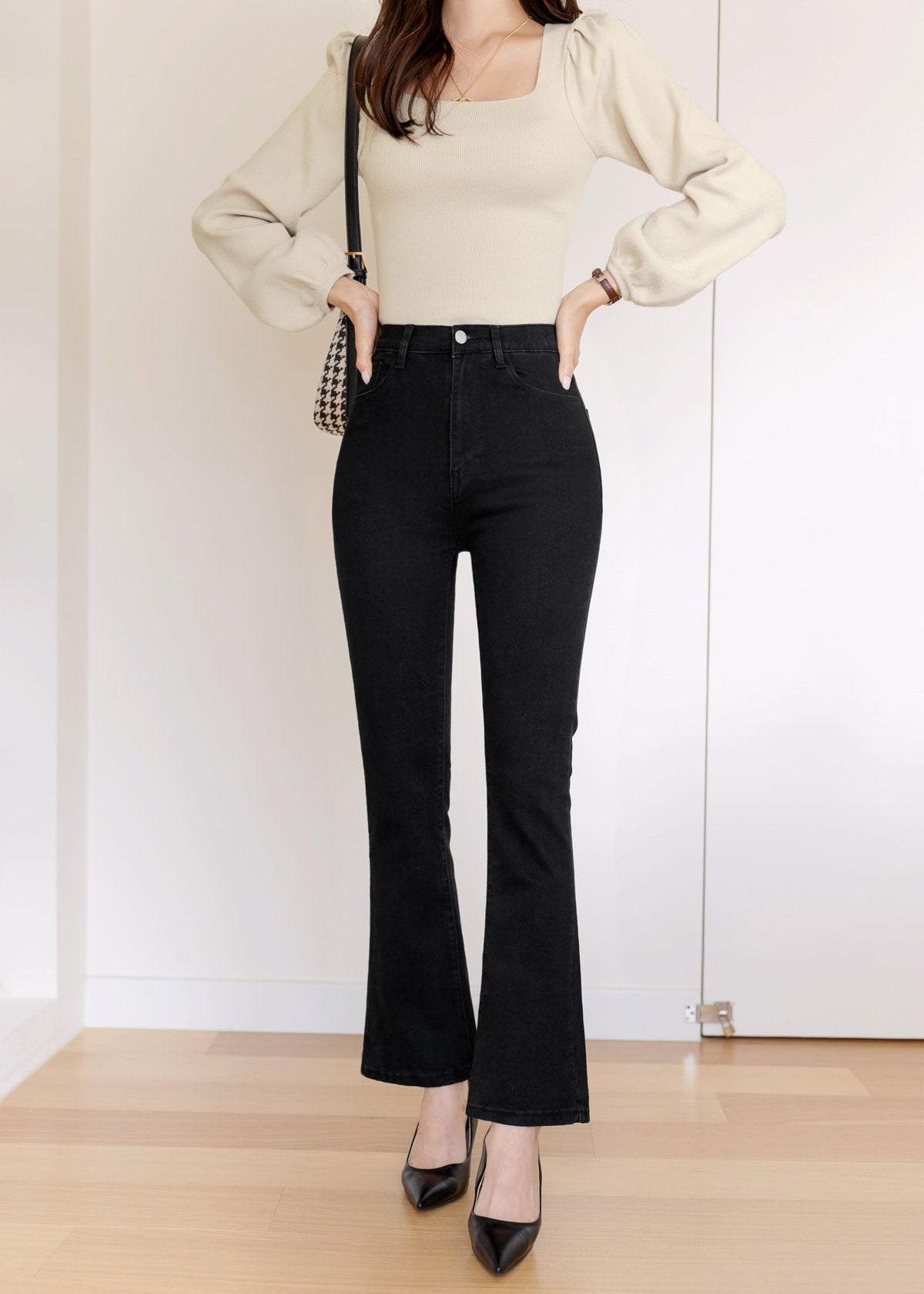 Basic Spandex High-Waisted Slim-Fit Bootcut Black Jeans Pants for Women / Korean Style Elastic Waistband Pants / Comfortable Casual Pants