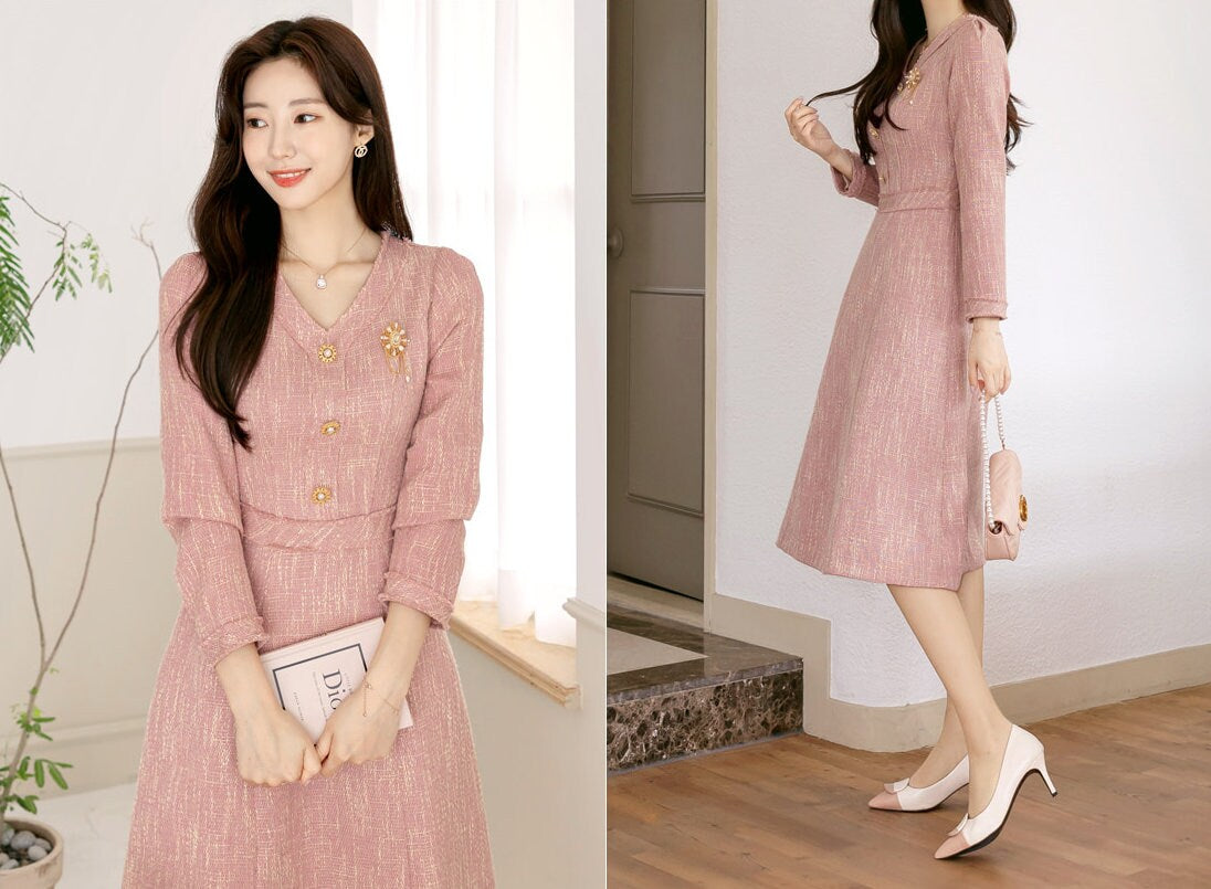 Elegant Feminin V-Neck Tweed Dress / Korean Style Pink Mini Dress / Luxury wear Elegant Party Dress