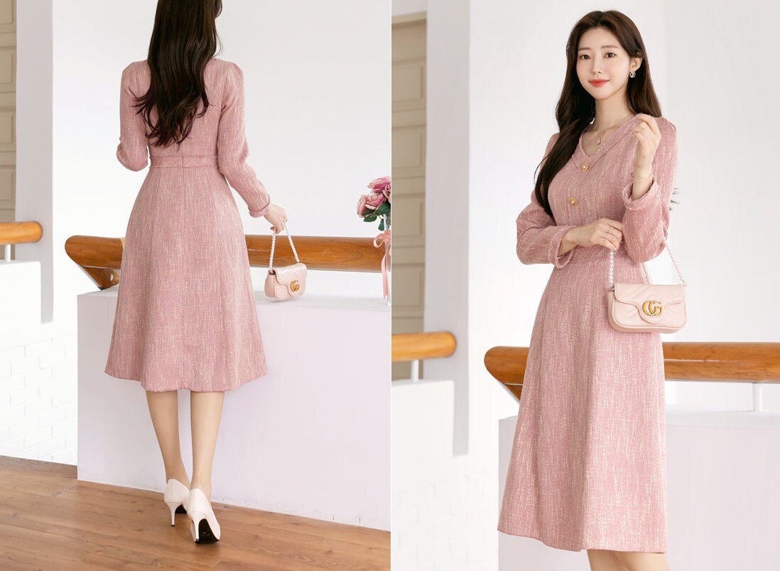 Elegant Feminin V-Neck Tweed Dress / Korean Style Pink Mini Dress / Luxury wear Elegant Party Dress