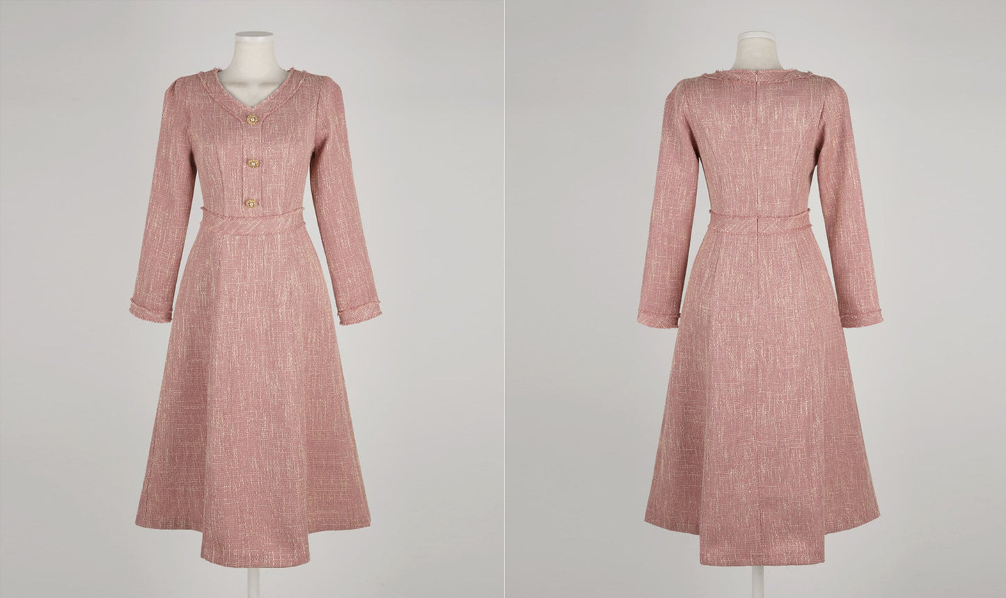 Elegant Feminin V-Neck Tweed Dress / Korean Style Pink Mini Dress / Luxury wear Elegant Party Dress