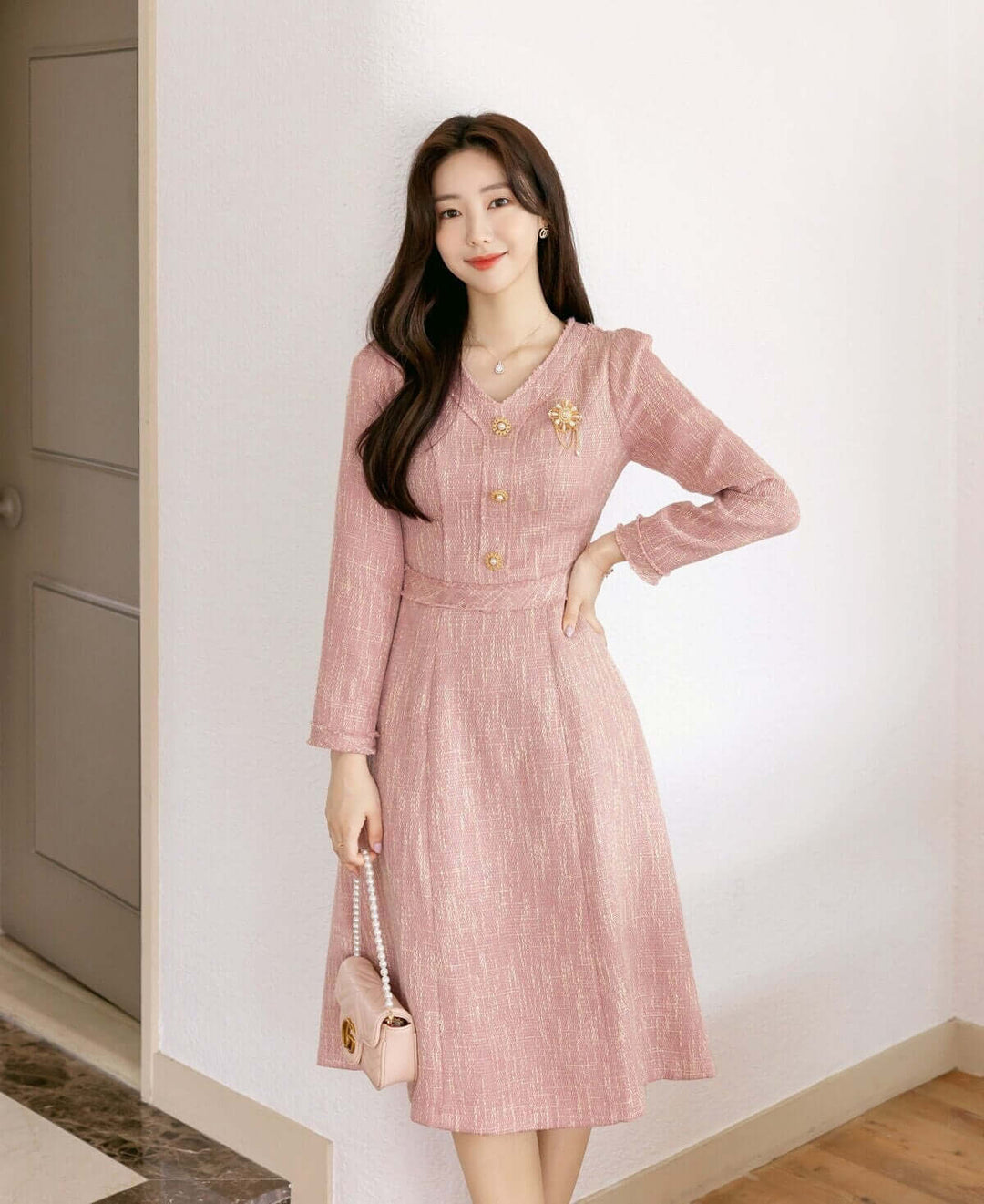 Elegant V-Neck Tweed Dress - Korean Style Pink Mini STUDIO731 Elegant V-Neck Tweed Dress - Korean Style Pink Mini STUDIO731