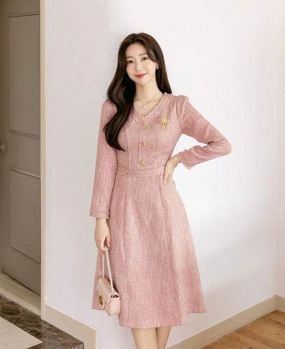 Elegant Feminin V-Neck Tweed Dress / Korean Style Pink Mini Dress / Luxury wear Elegant Party Dress