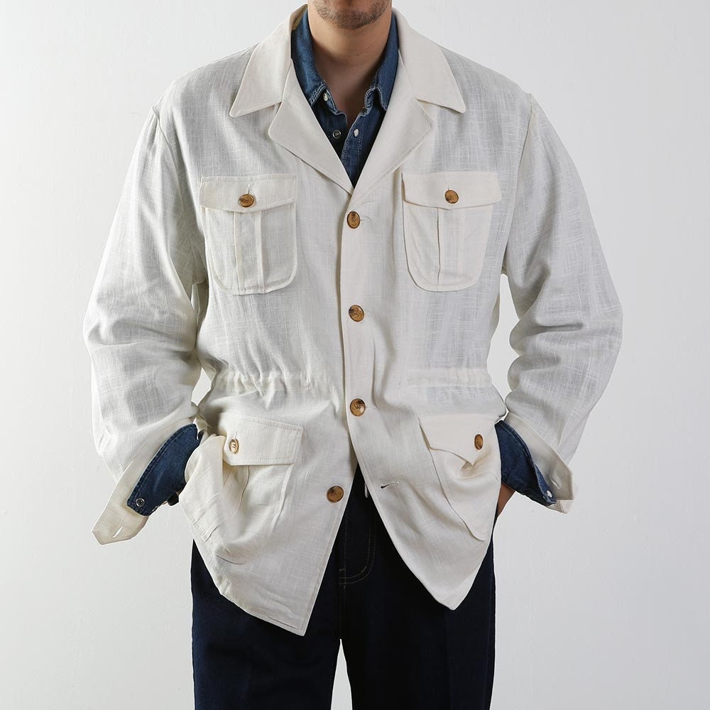 Men's Basic Spring Summer Linen Safari Jacket / Ivory Color Summer Coat for Men / Short Coat Jacket