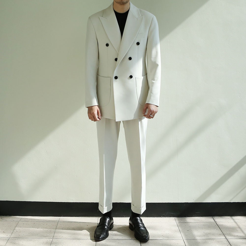 Basic Men's Double Breasted Suit Jacket in Ivory Color / Double Breasted Blazer Jacket