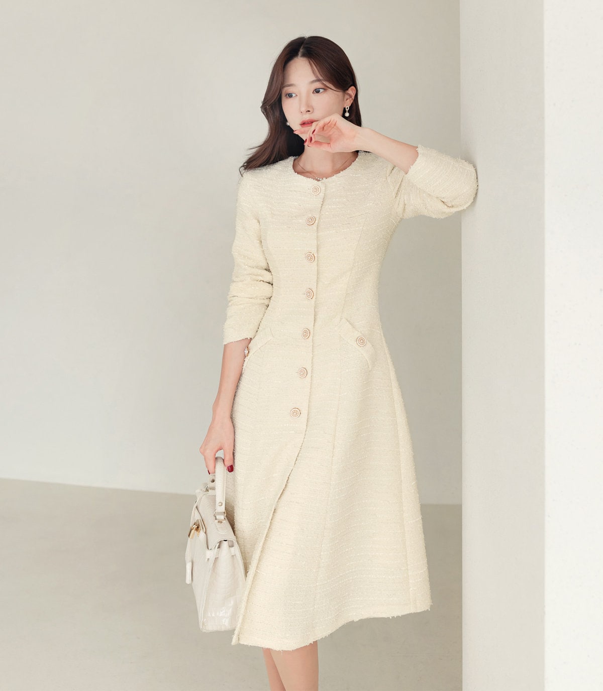 Elegant Feminin Single Button Tweed Dress / Korean Style A-Line Dress / Modern Chic Midi Dress / Jacket Dress