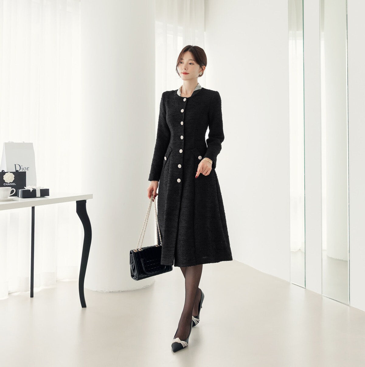 Elegant Feminin Single Button Tweed Dress / Korean Style A-Line Dress / Modern Chic Midi Dress / Jacket Dress