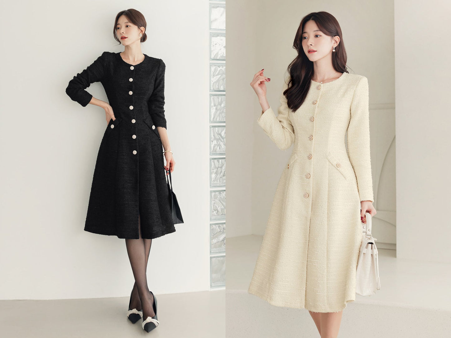 Elegant Feminin Single Button Tweed Dress / Korean Style A-Line Dress / Modern Chic Midi Dress / Jacket Dress