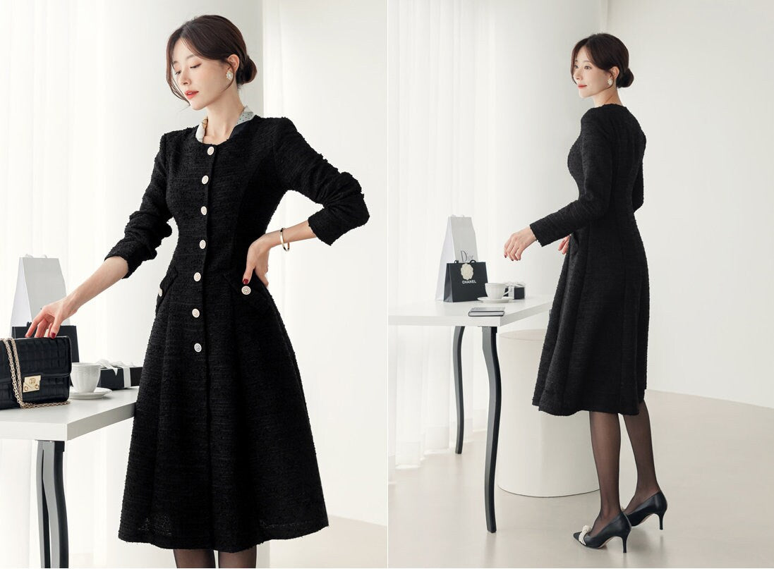 Elegant Feminin Single Button Tweed Dress / Korean Style A-Line Dress / Modern Chic Midi Dress / Jacket Dress