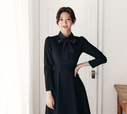 Elegant Feminin Ribbon Tie-Neck Flare Dress / Korean Style Classic Women Dress / Long Sleeve Midi Dress