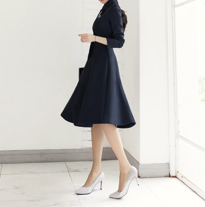 Elegant Feminin Ribbon Tie-Neck Flare Dress / Korean Style Classic Women Dress / Long Sleeve Midi Dress