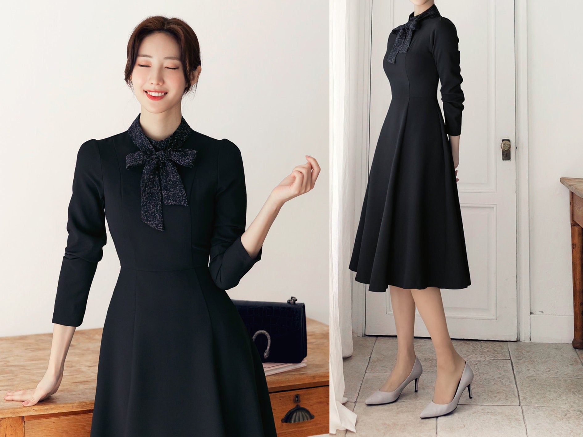 Elegant Feminin Ribbon Tie-Neck Flare Dress / Korean Style Classic Women Dress / Long Sleeve Midi Dress