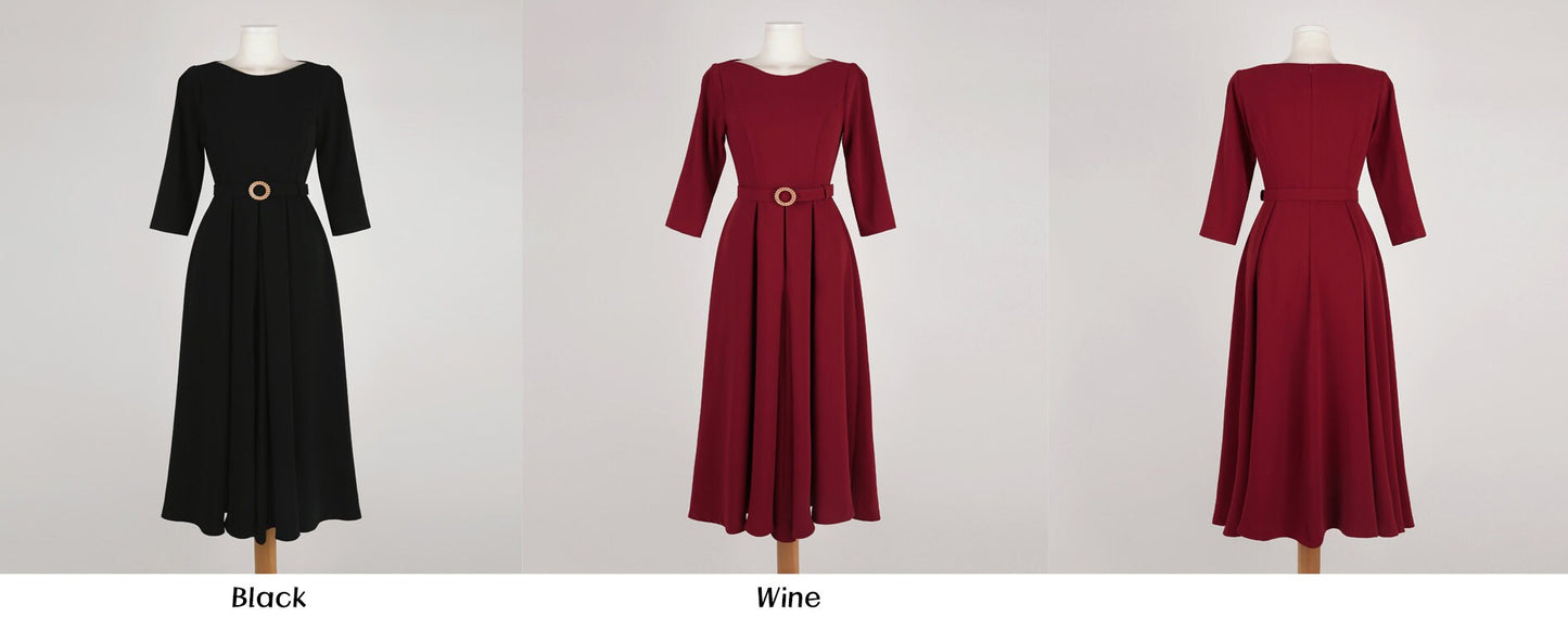 Elegant Boat Neck Flare Dress with Glamorous Belt / Korean Style Feminin Midi Dress / Clasic Simple Flare Dress