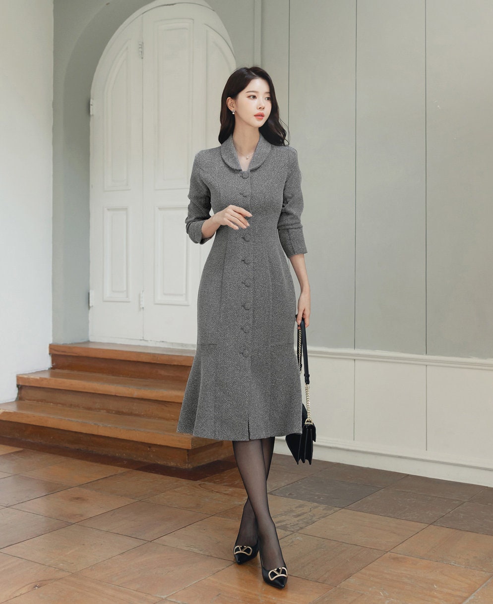 Elegant Feminin Single Button Midi Dress / Korean Style Long Sleeve Mermaid Dress / Modern Chic Midi Dress / Jacket Dress