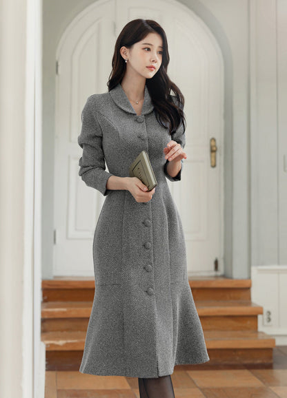 Elegant Feminin Single Button Midi Dress / Korean Style Long Sleeve Mermaid Dress / Modern Chic Midi Dress / Jacket Dress